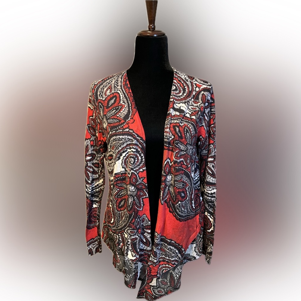 Chico’s Red Black Paisley Open Front Cardigan size M